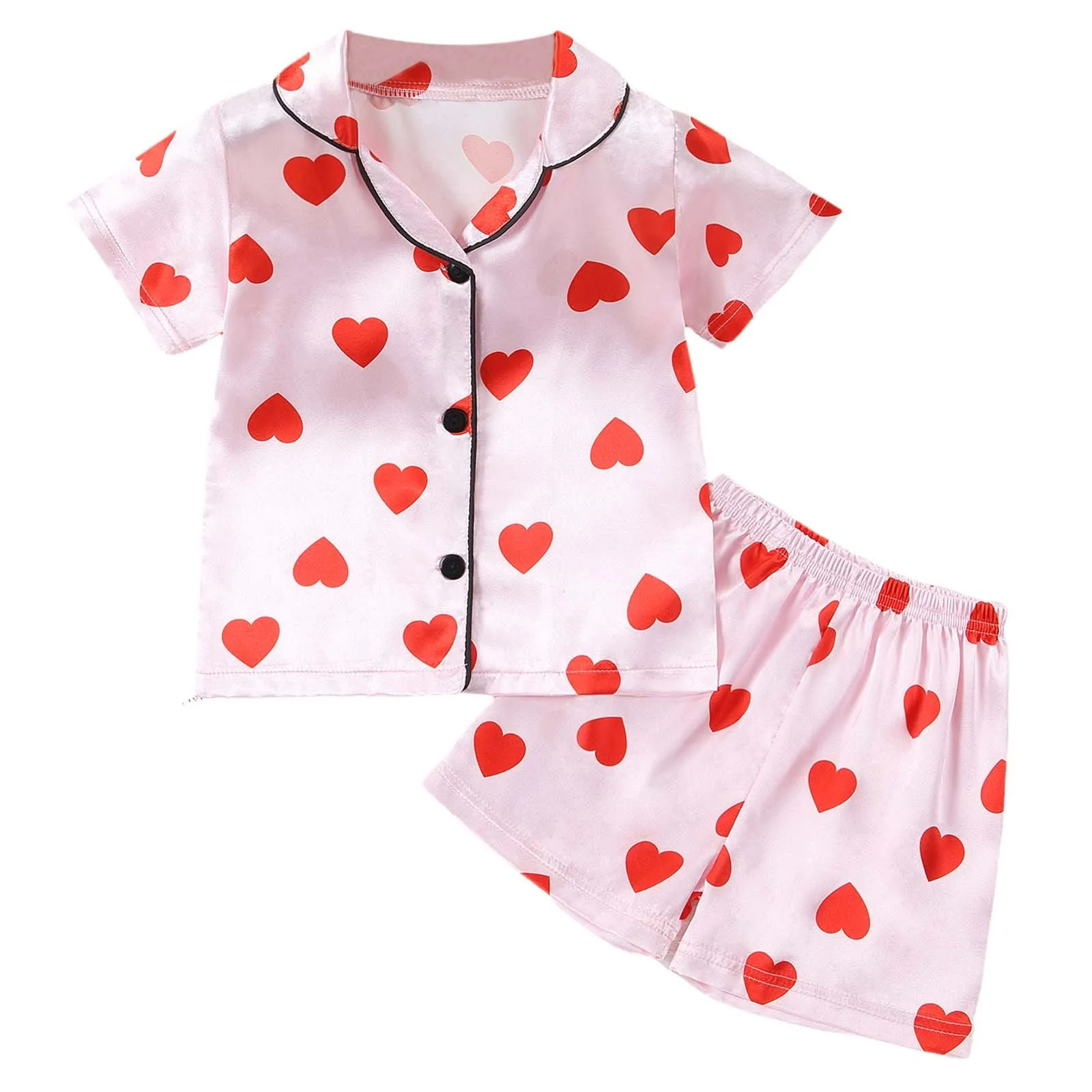 1-6Y Kid Girls Satin Pajamas Set Heart Print Valentine's Day Pajamas Sleepwear Valentine Satin Pjs Sleepwear Homewear Loungewear