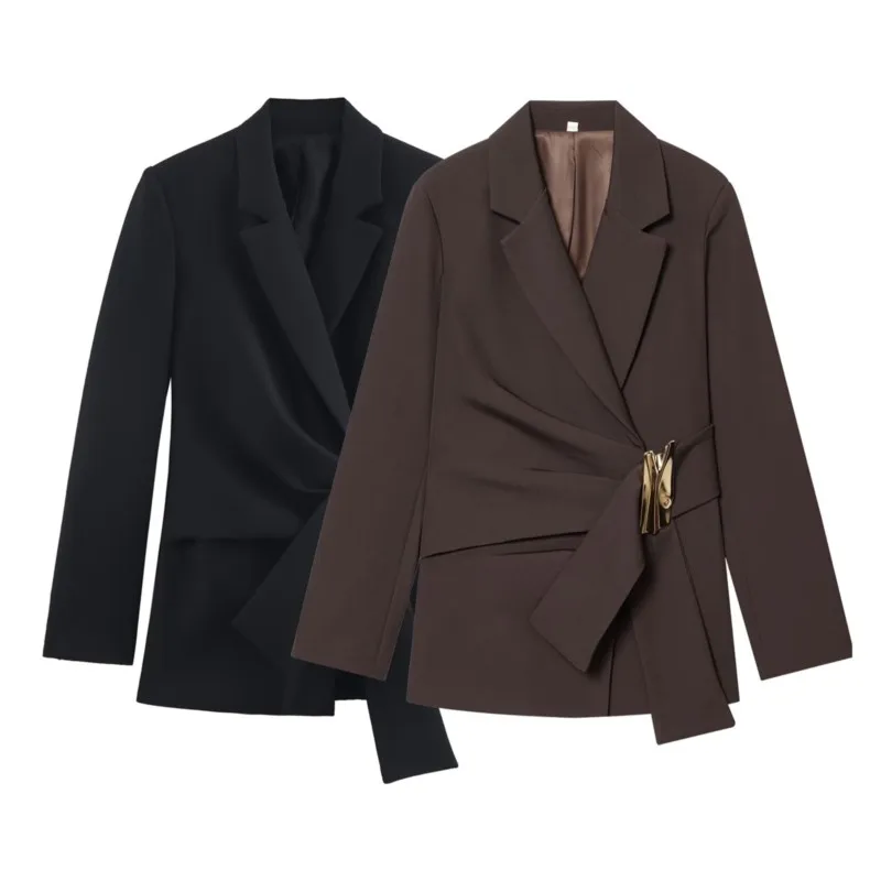 

Женский пиджак с пряжкой и украшением, осенний воротник, длинные рукава, складные пальто, женские повседневные шикарные верхние пальто, топы