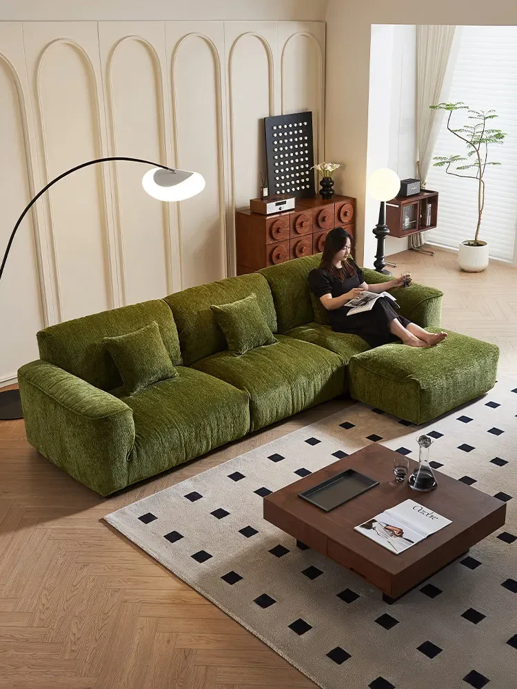 French retro grand sofa, straight row living room small apartment three-person chenille fabric sofa