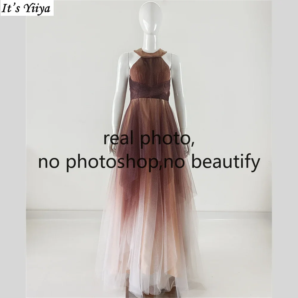 

It's Yiiya Real Customized Real Photo Evening Dresses Coffee Tulle Halt Collar A-line Floor Length Plus size Party Formal Gowns