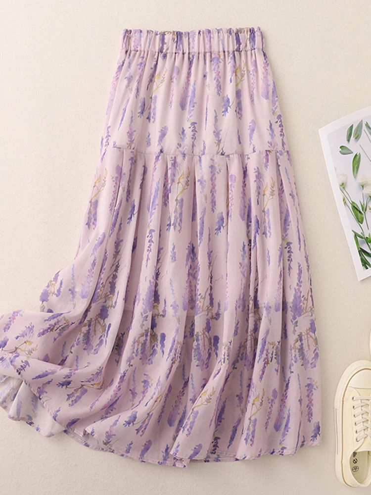 Retro Floral Print A-Line Midi Skirt Women's Early Autumn Elegant High Waist Draping Swinging Skirt Commute Style Office Wear