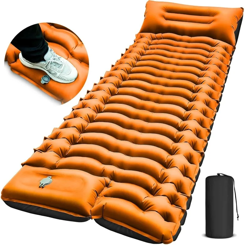 Camping Sleeping Pad, Ultralight Camping Mat with Pillow Built-in Foot Pump Inflatable Sleeping Pads Compact