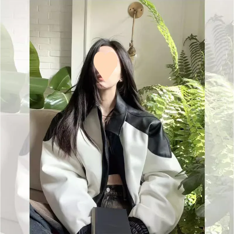 Jaqueta de couro feminina lapelas preto branco cor contrastante emenda design topo feminino primavera outono moda solta casaco manga longa