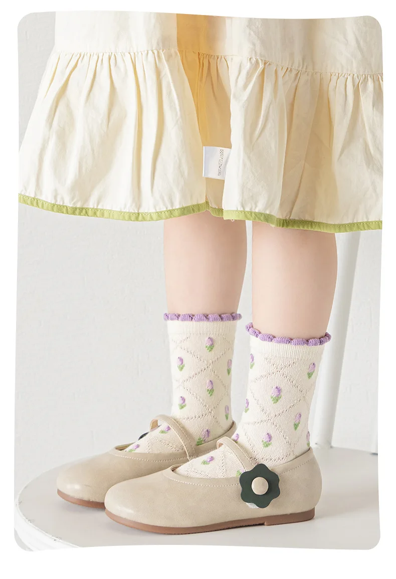 Mädchen-Baumwollsocken, Frühlings-Rüschensocken, lila Blumenmuster-Socken mit Schleife, 5 Paar, mittelhohe Socken, 1–12 Jahre, Baumwollsocken für Kinder. – Detail 9