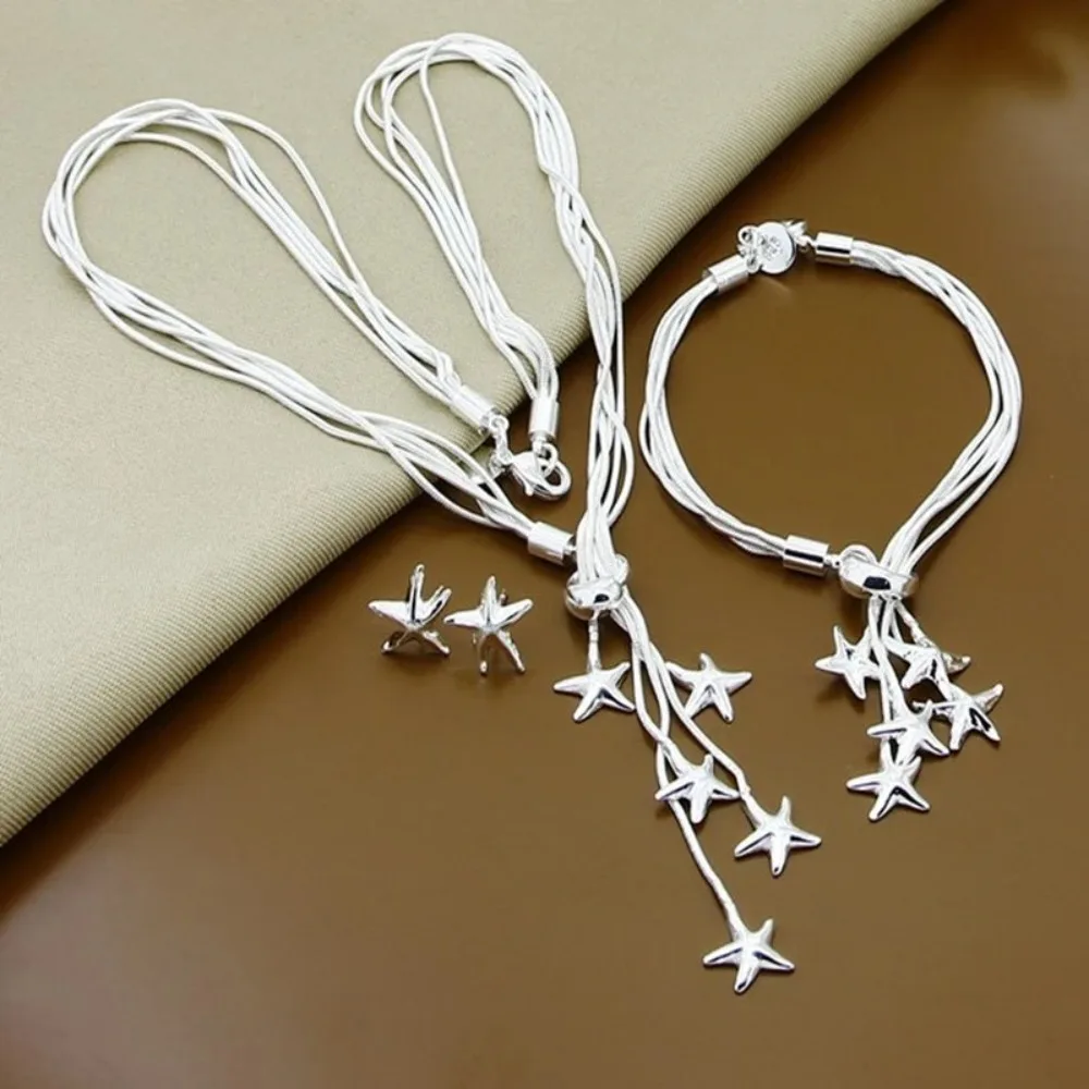 

CHUANGCHENG 925 Sterling Silver Multilayer Star Style Women Necklaces Bracelets Earrings for Women Fashion Jewelry Set