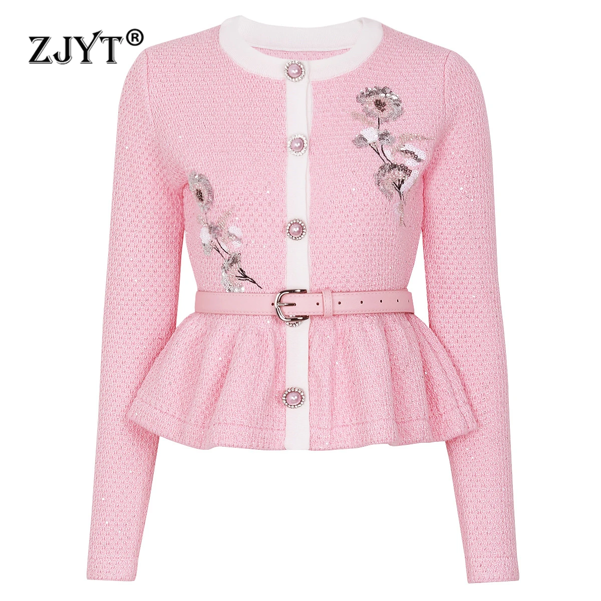 

ZJYT Spring Autumn New Sequined Floral Cardigan Sweaters for Women Elegant Long Sleeve Sweet Pink Knitted Tops with Belt Jersey