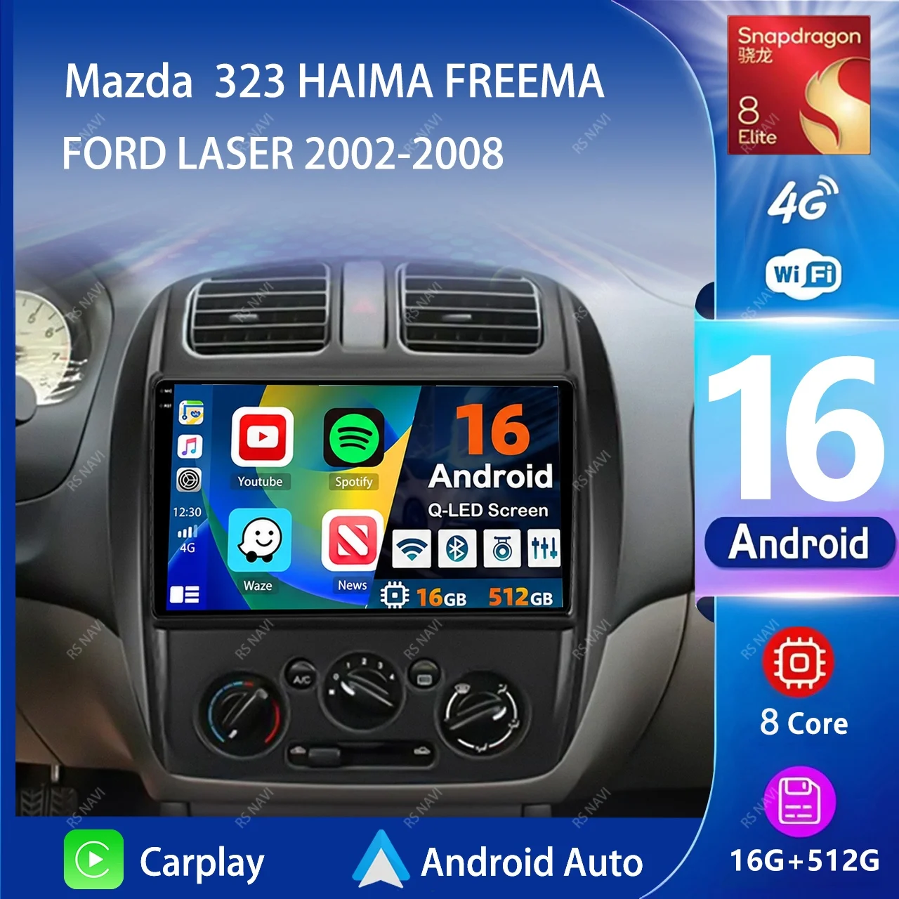 Android 16 Carplay Auto Car Radio Multimedia Player For MAZDA 323 HAIMA FREEMA FORD LASER 2002-2008 4G GPS Stereo 2din Head Unit