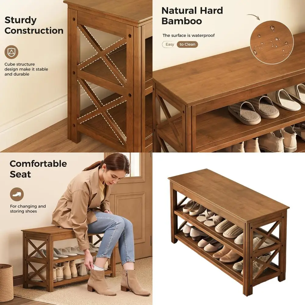 3-Tier Bamboo Shoe Rack Bench, Rustic Wood Storage Entryway Furniture, 31.5 X-Brown