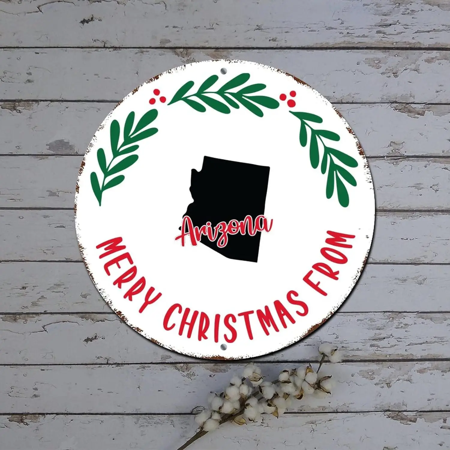 Merry Christmas Wreath Sign American State Map Merry Christmas From Arizona Round Metal Tin Sign Christmas Joy Decor Distressed