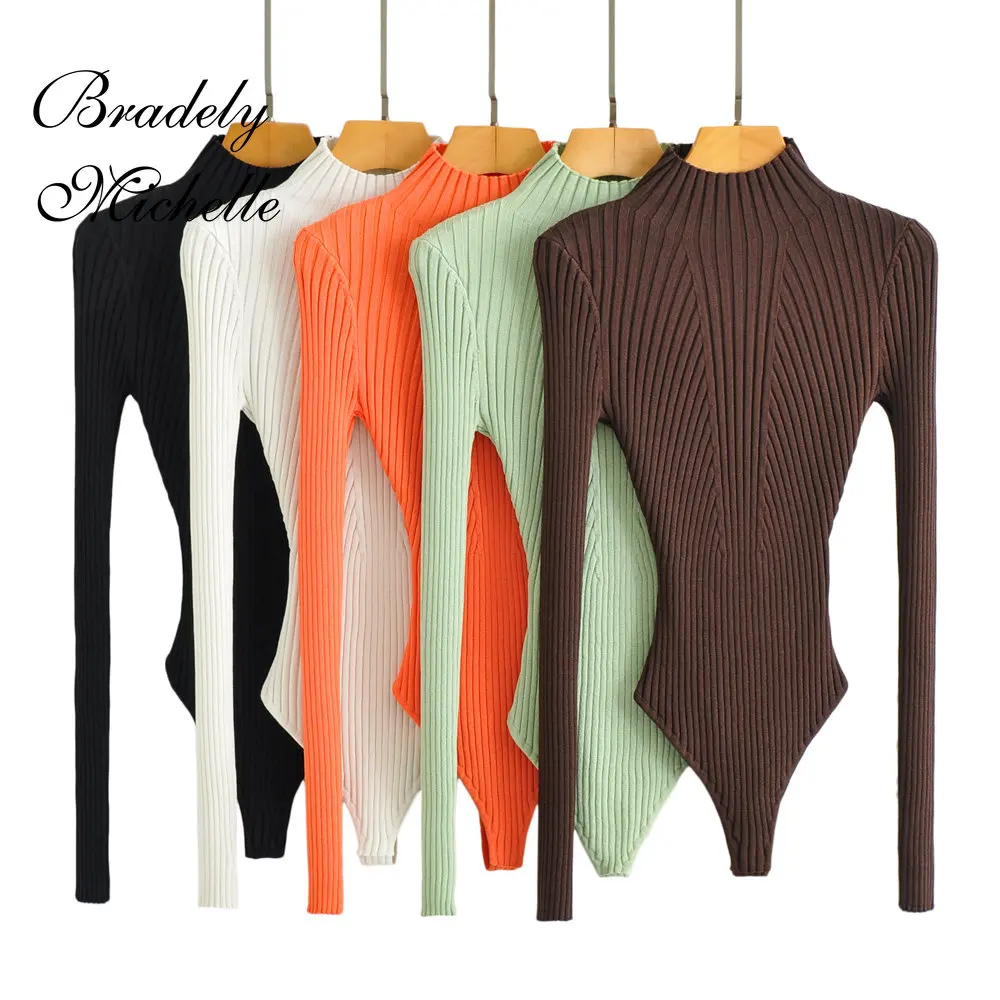 Women's Sexy Clothing Tops Stereo Texture Knit Solid Pullover High Collar Bodysuit Knitted High Strecth Jumpsuit Top