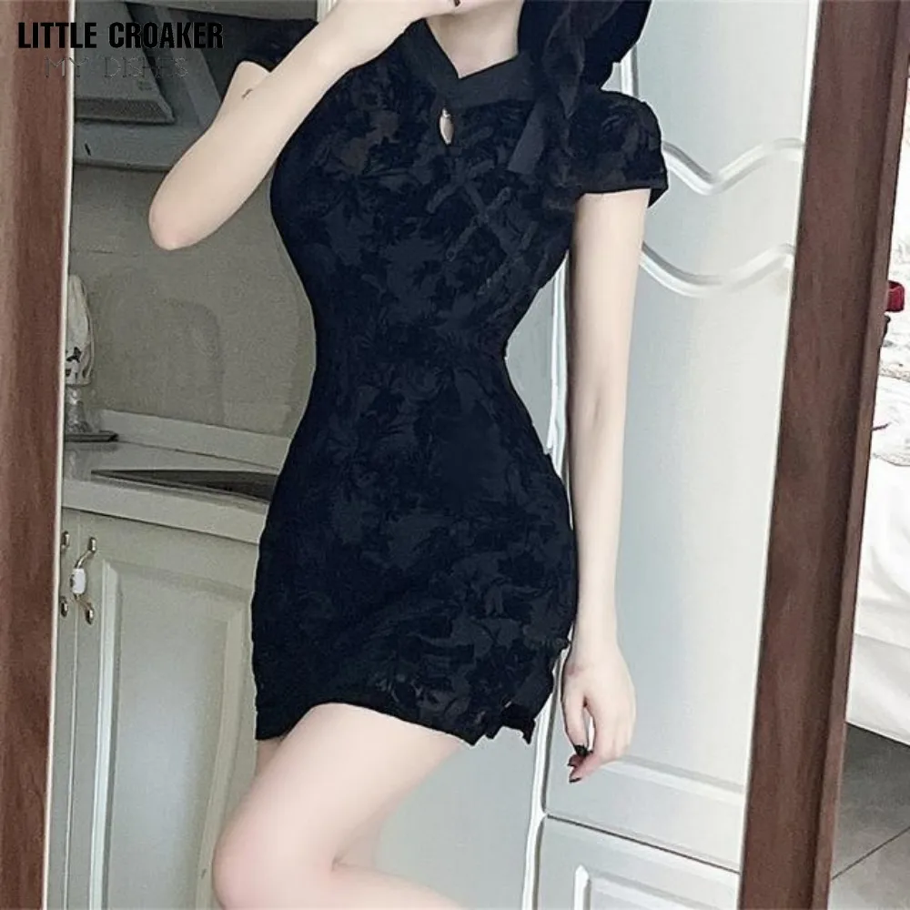 

Women Hot Girl Dress Pure Lust Style Black Chinese Qipao High Cheongsam Waist Slim Dress Sexy Slim Fit Wrap Hip Short