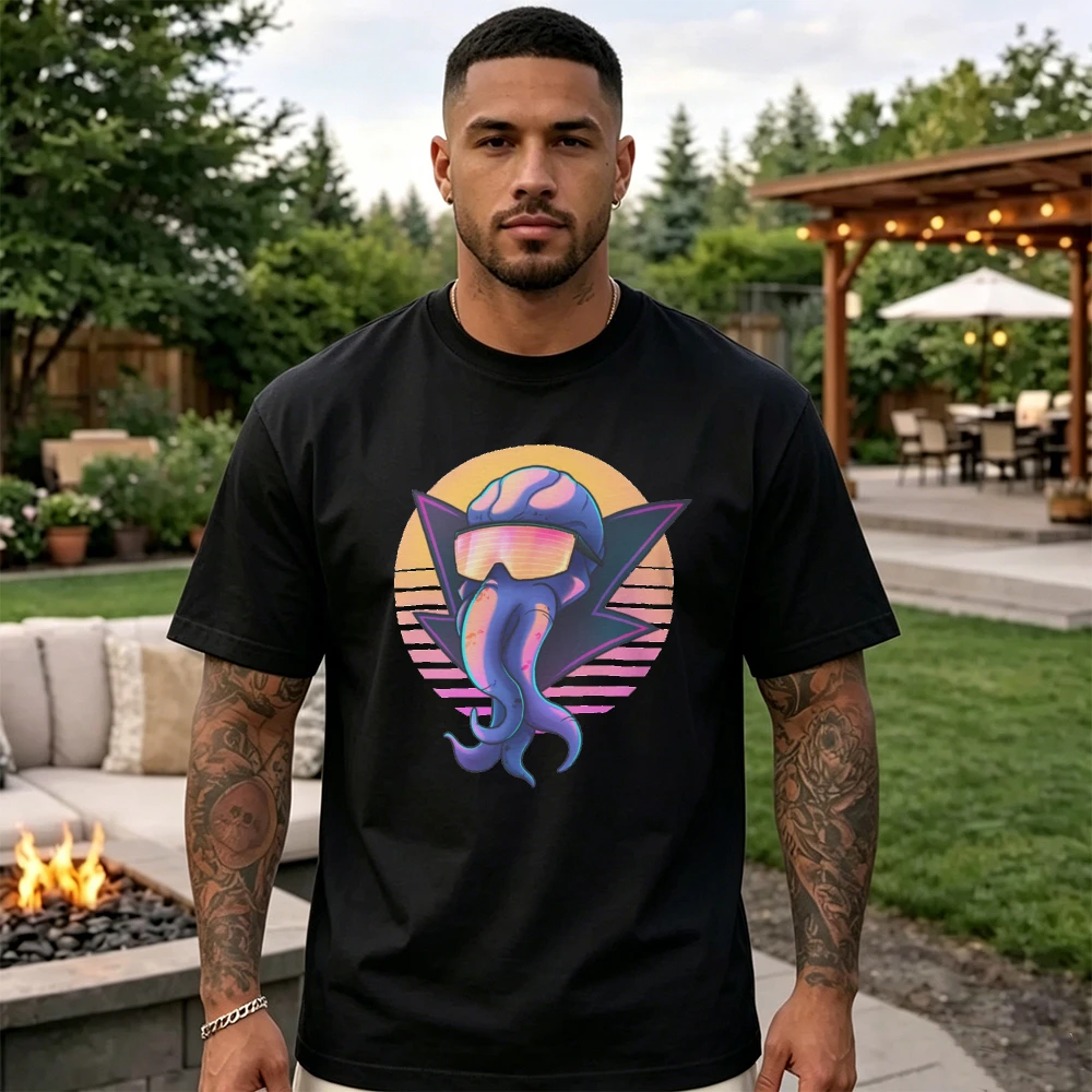 Retro Sunset Mindflayer Graphic Men Cotton T Shirt D&D DM Dungeon Master Tee Summer Casual Tabletop Game Tops Gift