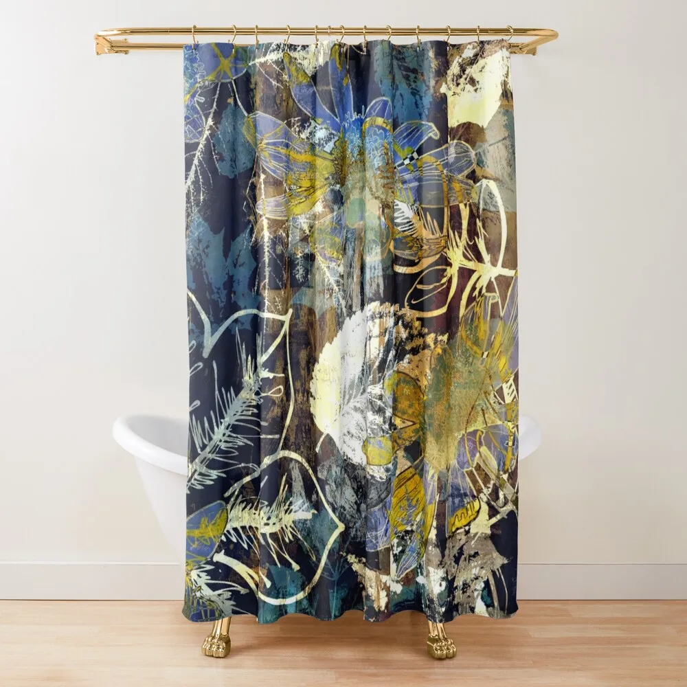 

Blue, gold, white leaf Shower Curtain Anime Shower For Bathrooms Bathtub Curtain