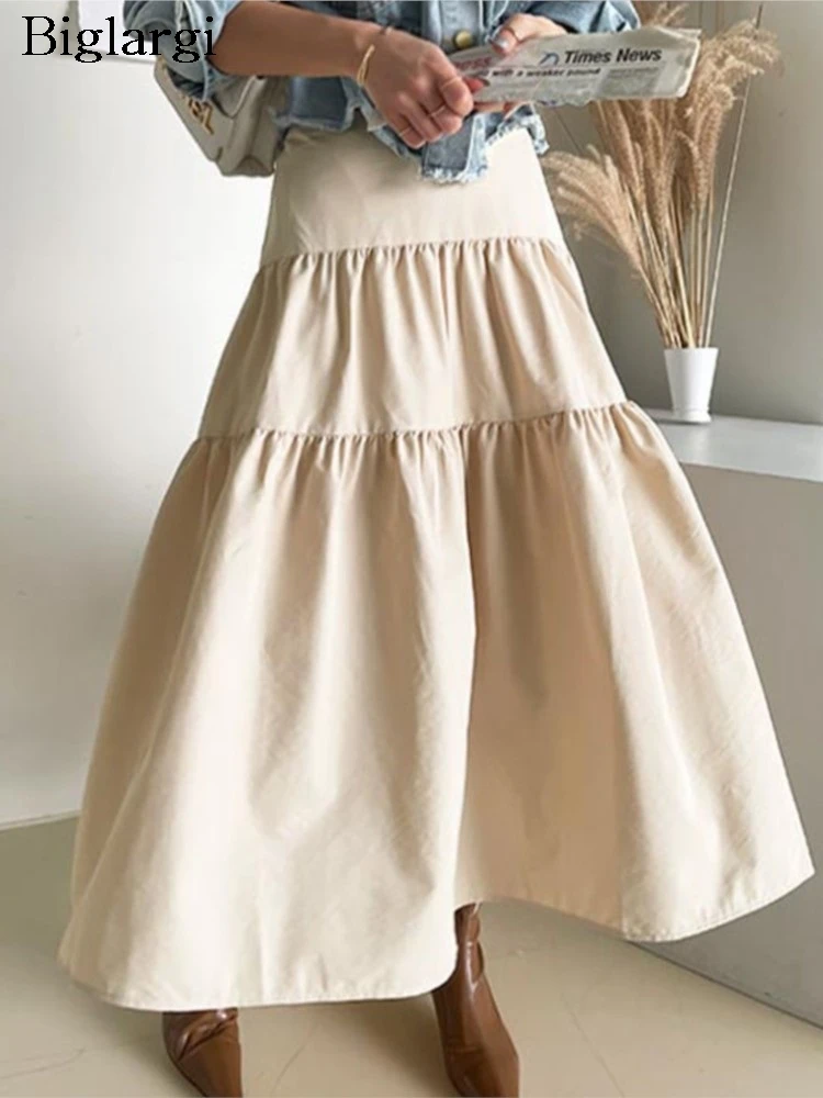 

Spring Summer A-Line Skirt Women Elastic High Waist Fashion Ruffle Ladies Skirts Korean Style Loose Pleated Woman Long Skirt