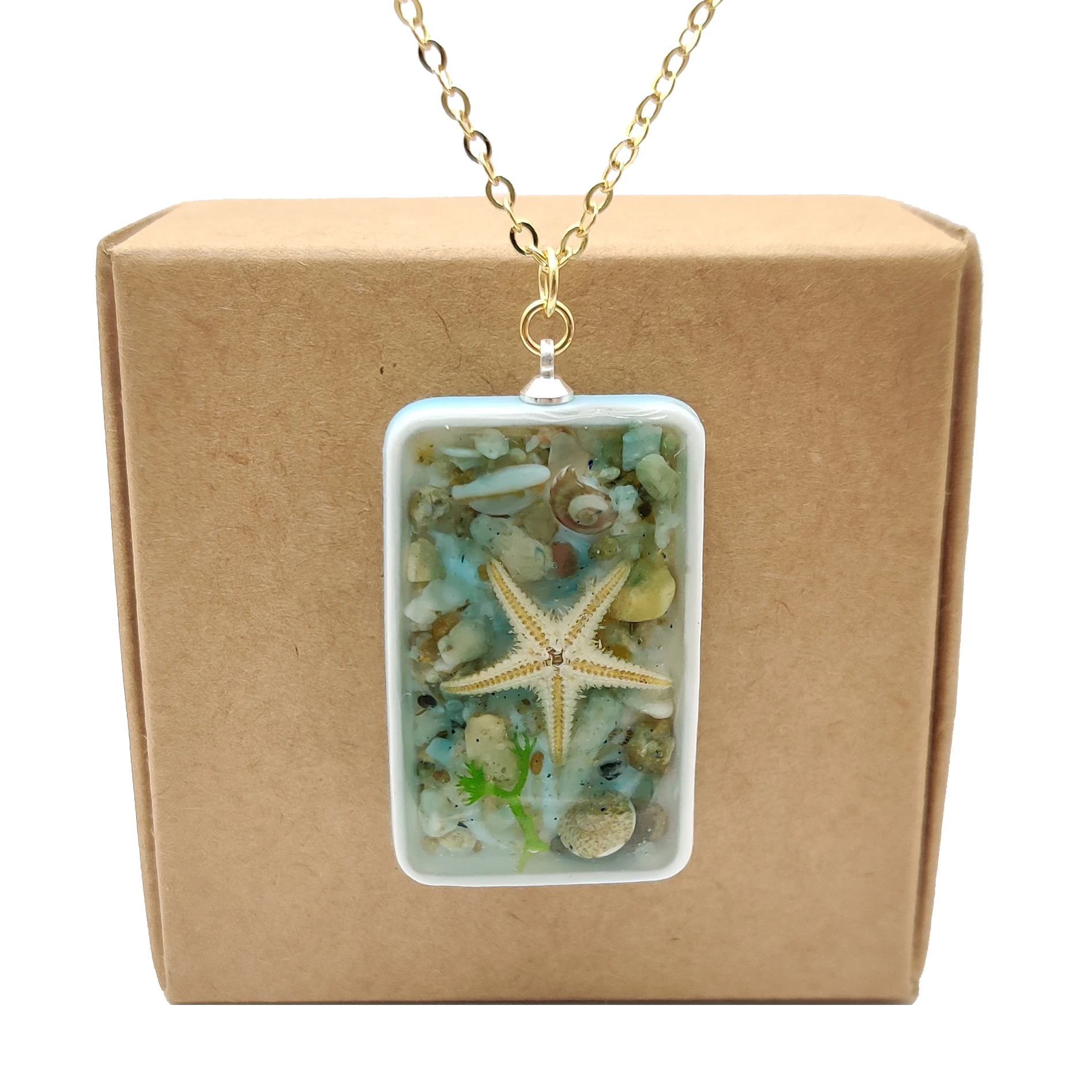 

Starfish Natural Conch Sea Sand Resin Cuboid Porcelain Pendant Gold Color Chain Long Necklace Women Fashion Jewelry Handmade