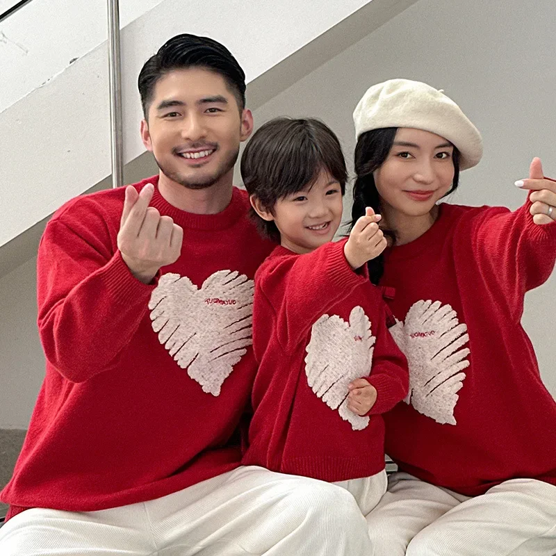 Family Matching Outfits Parent-child Clothing New Year's Greetings Happy New Year Towel Embroidered Love Red Sweater Mother Kids