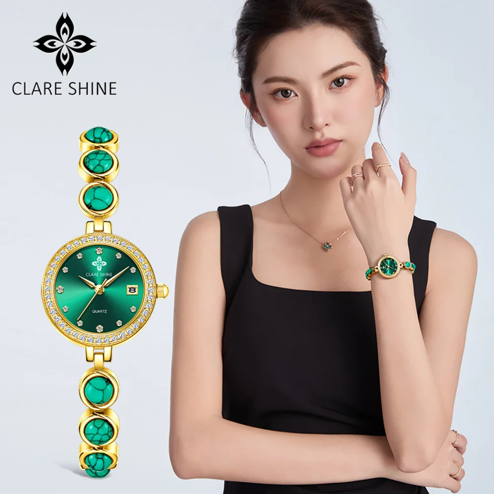 

Женские часы CLARE SHINE с автоматической датой, водонепроницаемые, с бриллиантовым циферблатом, роскошные элегантные женские кварцевые наручные часы, комплект с ожерельем и подарочной коробкой 7708
