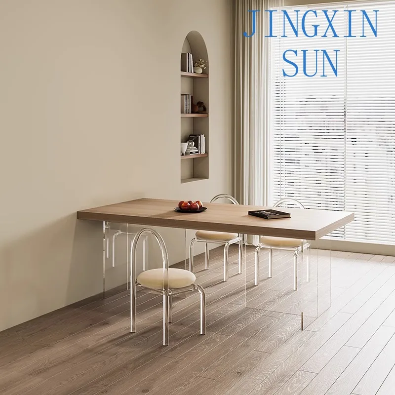 Vintage style wood grain rock board dining table minimalist modern acrylic island platform rectangular suspended table chair