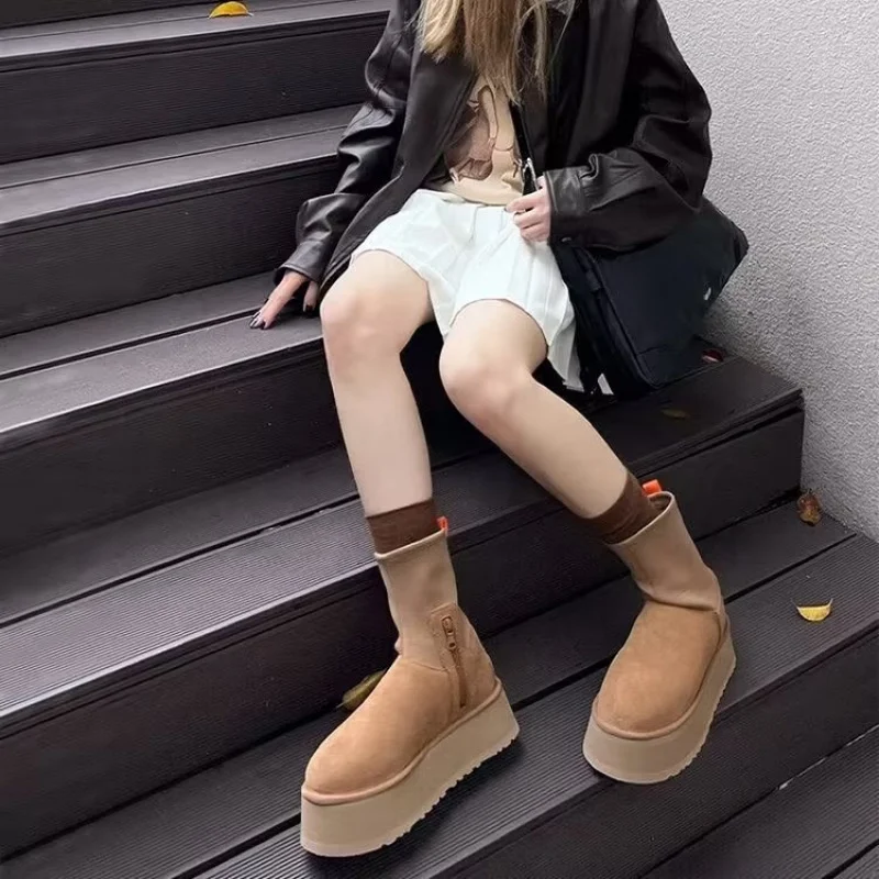 

New Elastic Sock Boots Thick Sole Mid-Heel Sheepskin Snow Boots with Fleece Lining and Thickened Cotton Boots