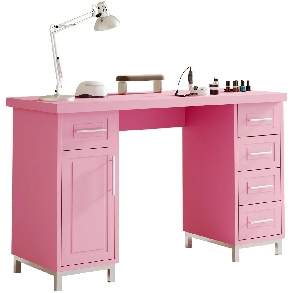 Nail Tech Desk for Nail Tech, 43 Inch Pink Manicure Table with Storage, Nail Table with 5 Drawers and Cabinet, Manicure