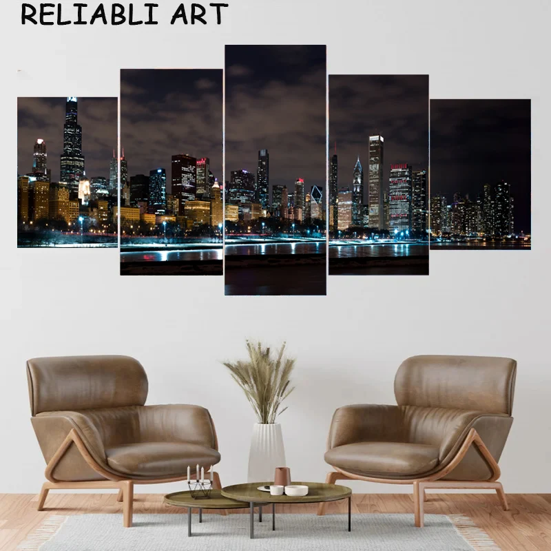 Modern Bridge Building City Landscape Poster and Prints Canvas Painting 5 Panels Wall Art For Living Home Room Decor No Frame