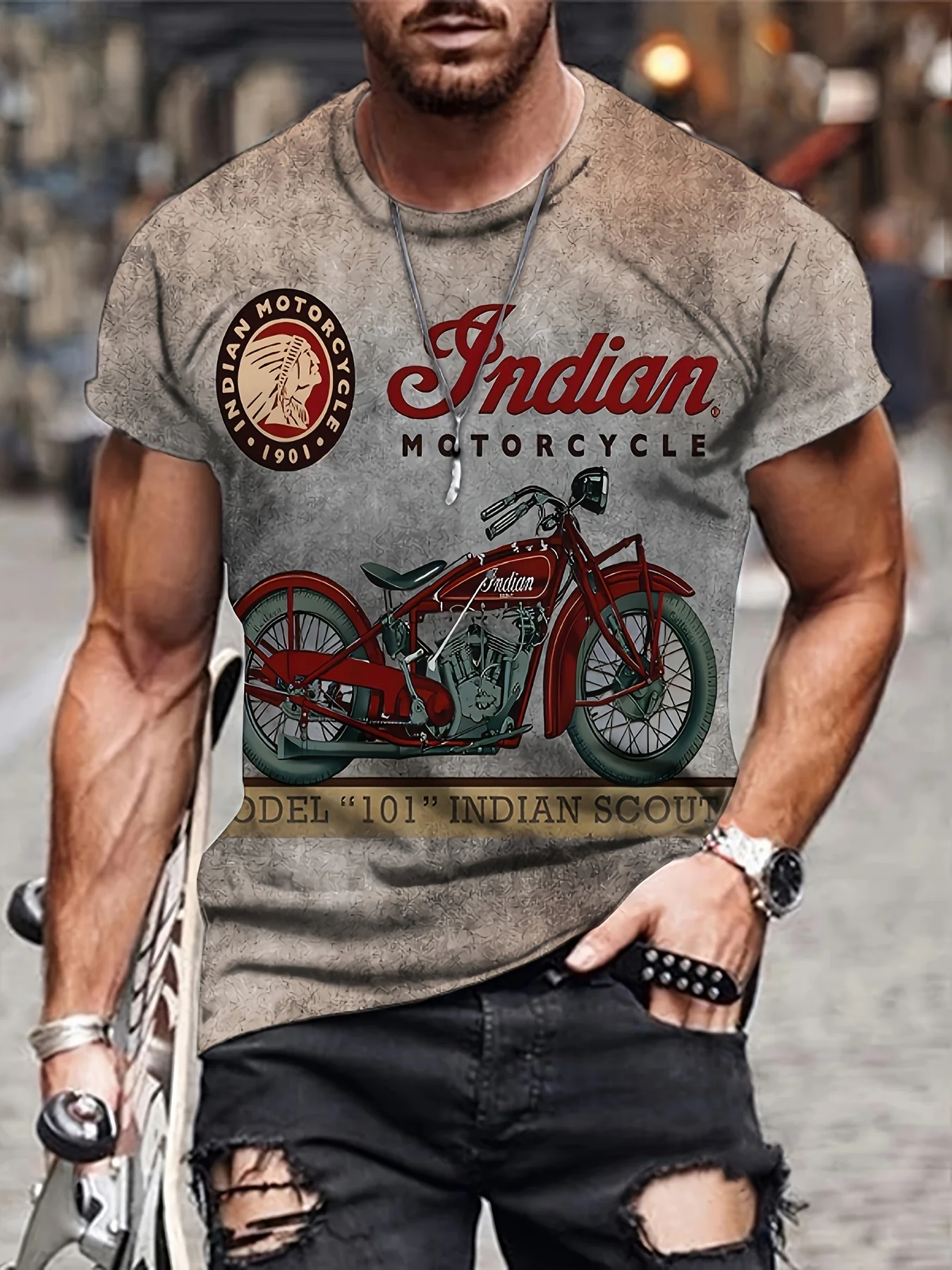 Retro Style Motorcycle Print Men's Graphic T-shirt Casual Tees For Summer Mens Clothing Soft Slight Stretch Polyester Fabric