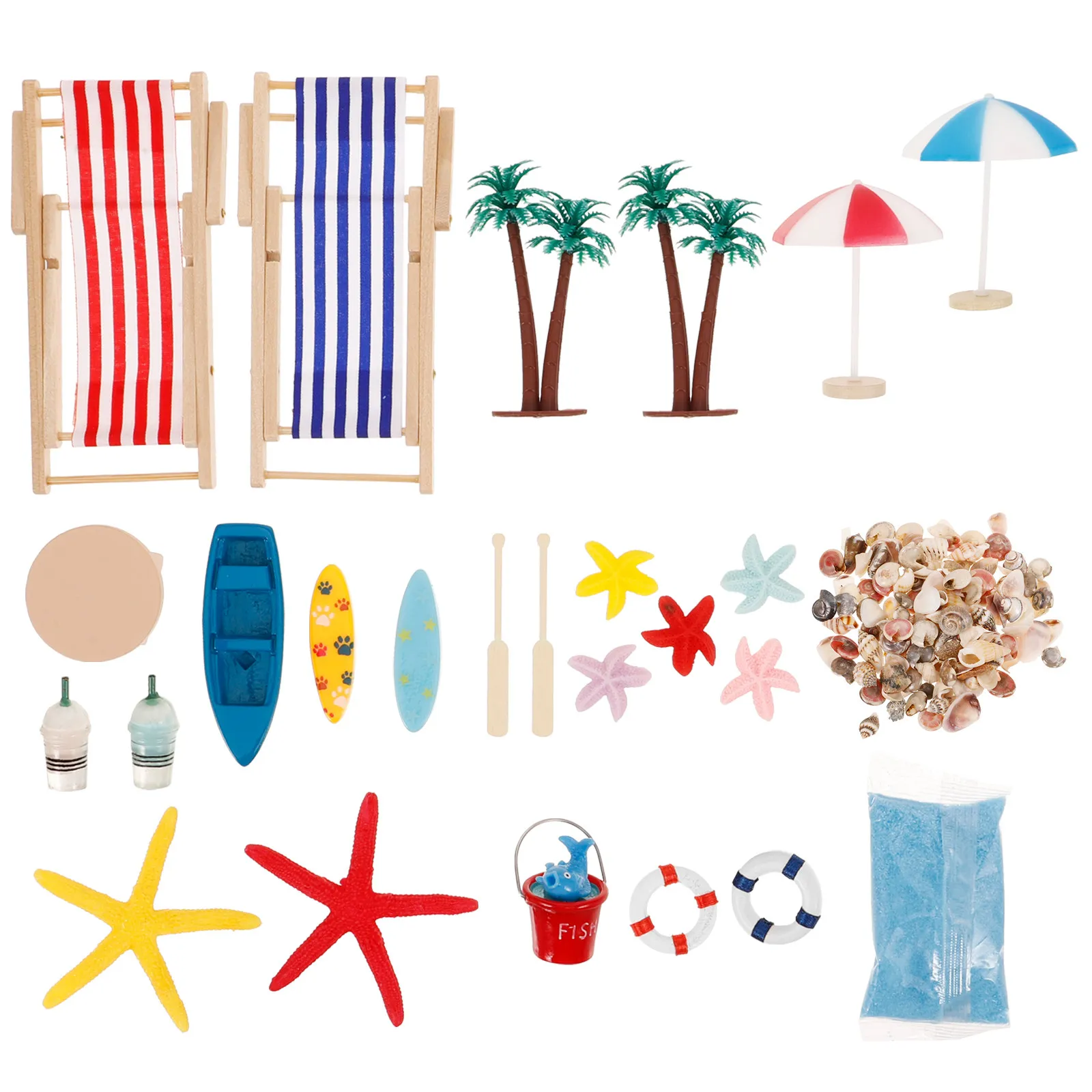 

1Set Wooden Beach Chair Miniature Decor Set for Tiny House Micro Landscape DIY Seaside Summer Scene Decoration Beach Style Mini