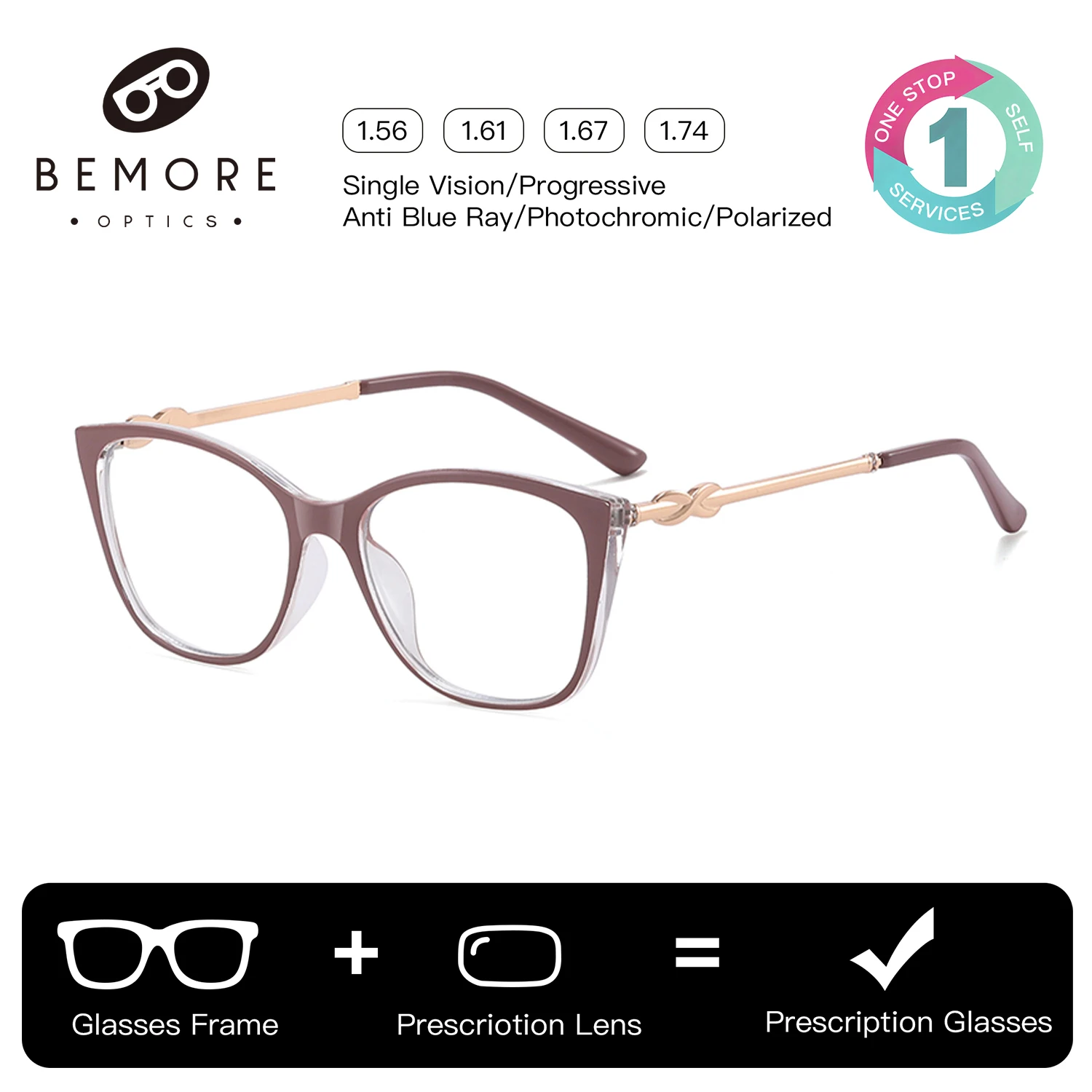 

BEMORE Woman Square Butterfly Handmade Acetate Progressive Multifocal Lenses Anti-Blue Ray Photochromic Prescription Glasses