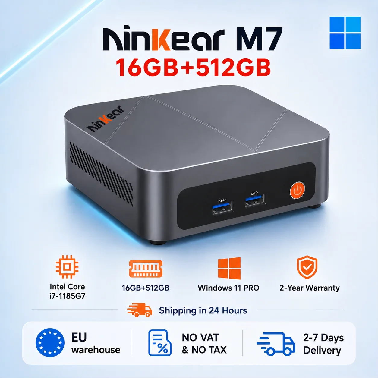 Ninkear M7 Mini-pc Intel Core i7-1185G7, 16 GB RAM 512 GB SSD, Mini-computer met ondersteuning voor drie 4K-schermen, WiFi 6 Bluetooth 5.2, Dual HDMI & Type-C, Windows 11 Pro