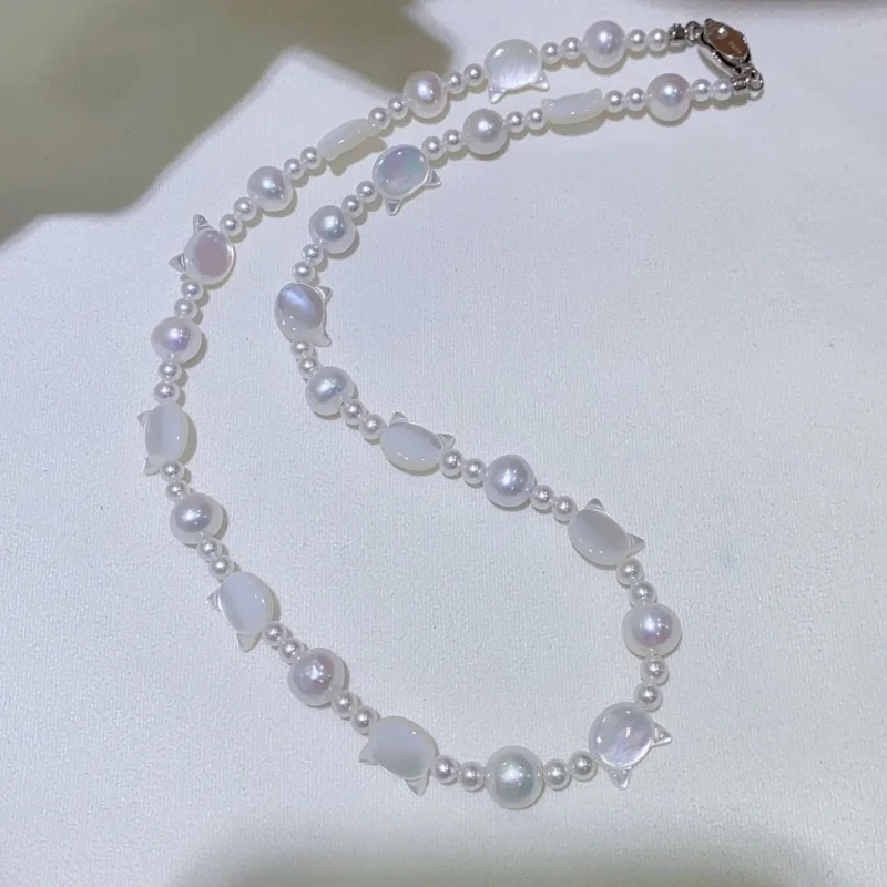 

SGARIT Cute cat Necklace White Freshwater Pearl Choker For Women Vintage Elegant Handmade Jewelry