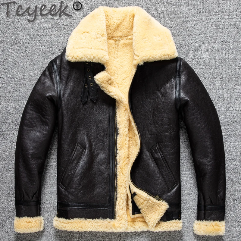 Tcyeek-Casaco de pele de carneiro genuíno masculino, jaqueta de pele masculina 100% natural, casaco B3, pano quente de shearling de ovelha, alta qualidade