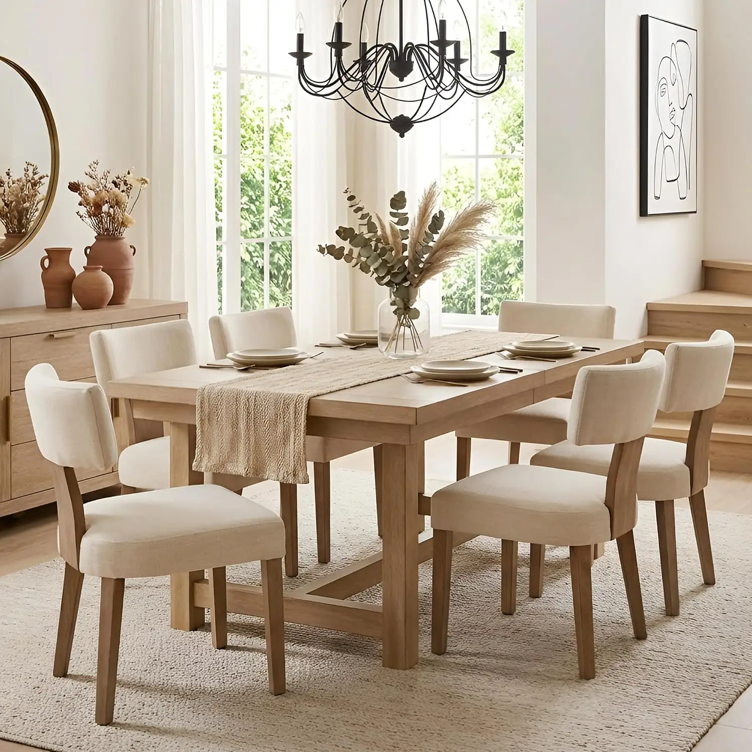 Mid Century Modern Dining Chairs Set of 6, Upholstered Linen Kitchen & Dining Room Chairs with Ergonomic Curved, Customized
