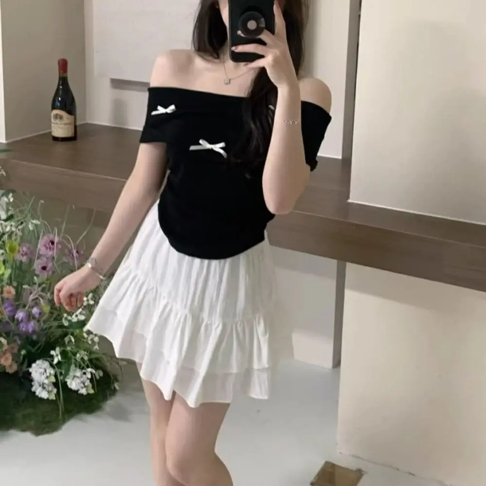 Fashion Bowknot Off Shoulder Shirt Gentle Style Pleated T shirt Short Sleeves Ice Silk Knitted Shirt