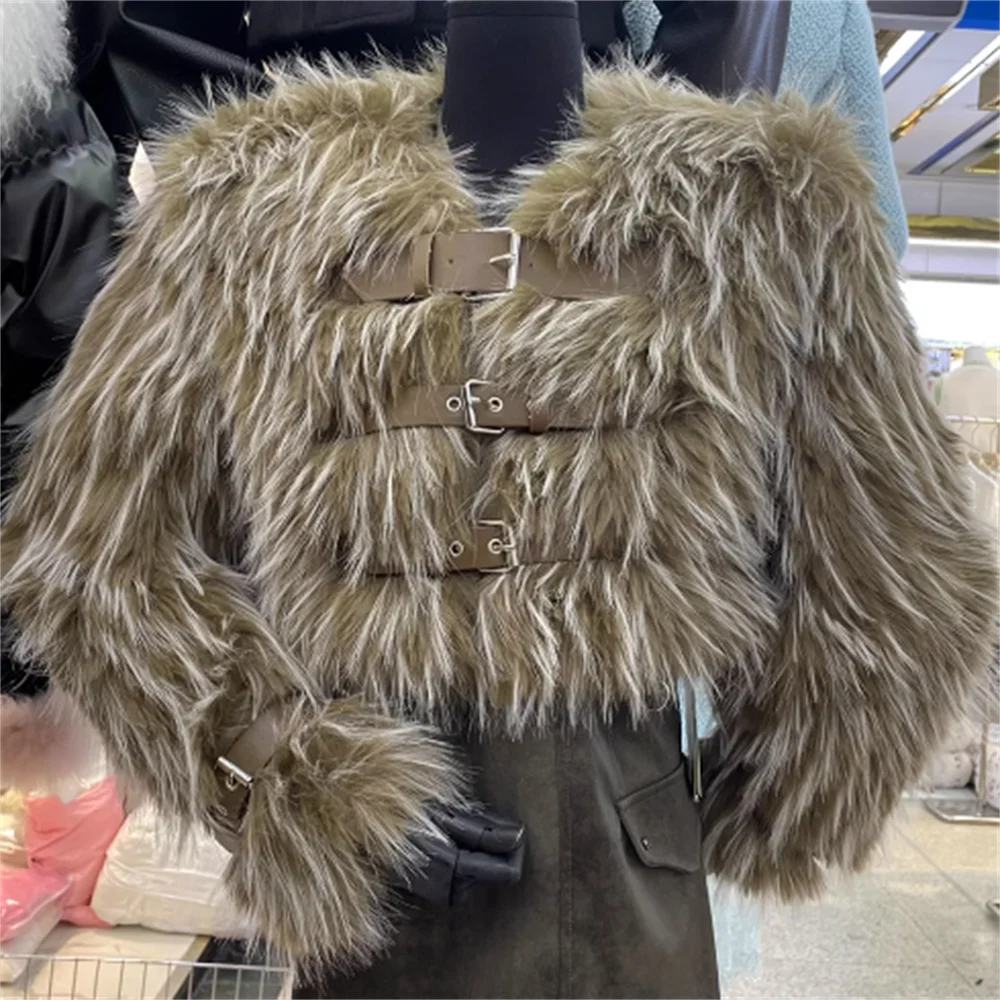 

fur belt design cotton short plush coat 2023 winter coat women