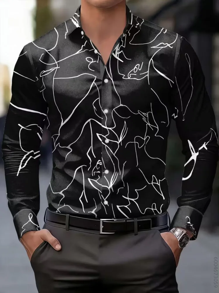Men's long sleeved shirt with abstract lines and full printed shirt for gatherings, outings, daily commuting, versatile top