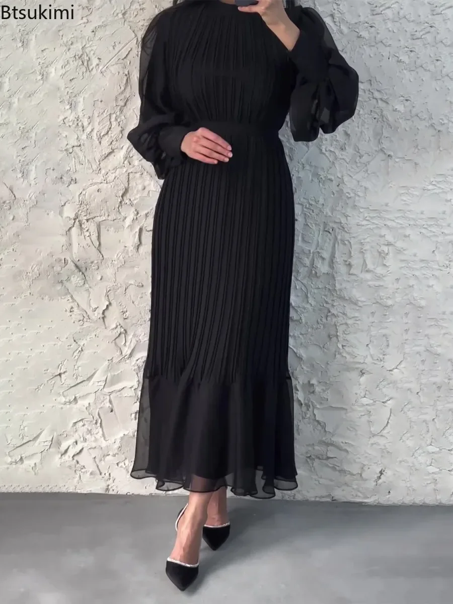 2024 Women\'s Long Pleated Party Dress Spring Ladies Round Neck Temperament Maxi Dress Elegant Casual Evening Dresses Robe Female