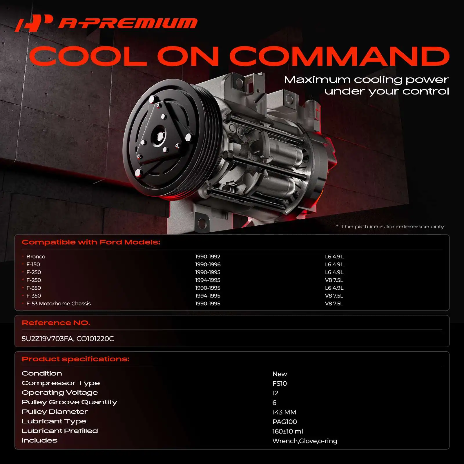 A-Premium AC Compressor with Clutch for Ford F-150 1990-1996 F-250 F-350 F-53 Motorhome Chassis 1990-1995 Bronco 1990-1992