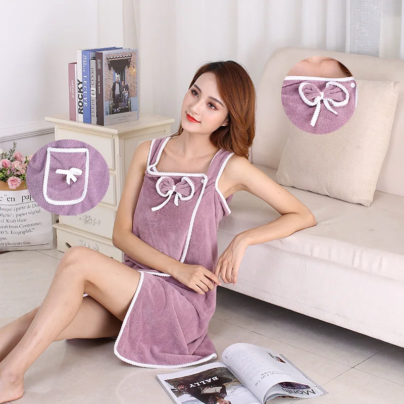 Coral Fleece Bath Skirt Soft Thick Highly Absorbent Wearable Towel with Bow Pocket Suspender Style Robe for Bathroom - view 4