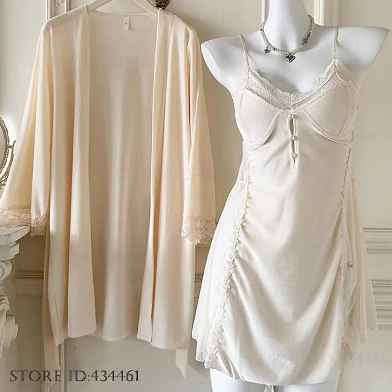 

New Velvet Twinset Robe Set Loungewear Autumn Winter Female Sleepwear Nightwear Sexy Hollow Out Lace Lingerie Nightgown Homewear