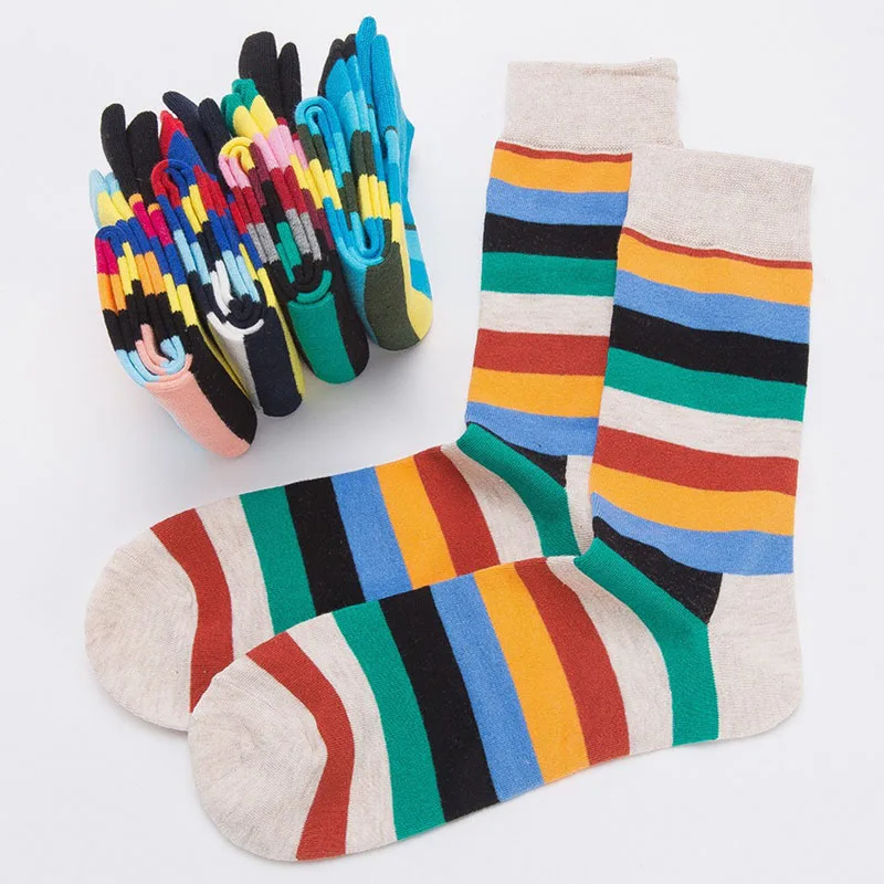 2 Pairs Large Size Socks Man Cotton Striped Stripe Patchwork Colorful Business Fashions Sweat-Absorbing Happy Socks Running