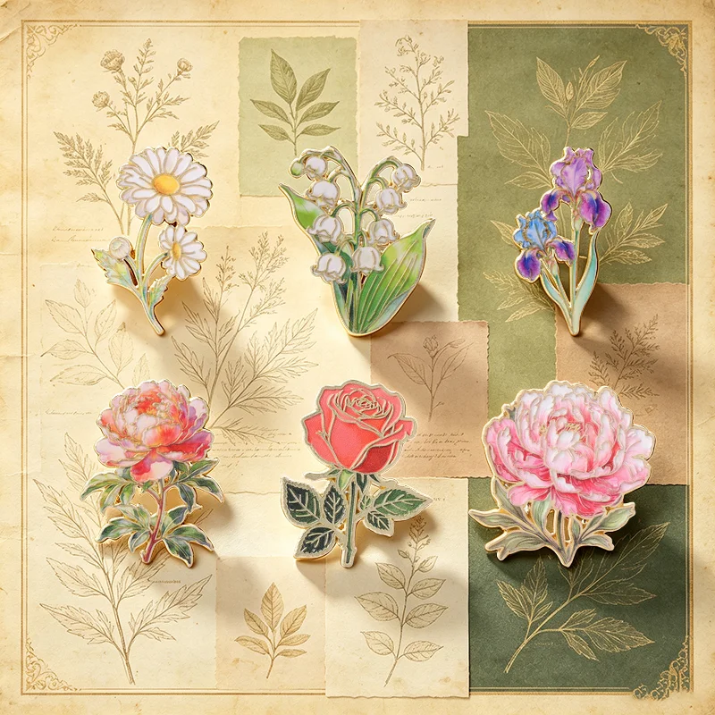 Vintage Flower Badges Peony Rose Daisy Lily of the Valley Iris Pins Floral Brooch Nature Wild Plant Accessory Gift