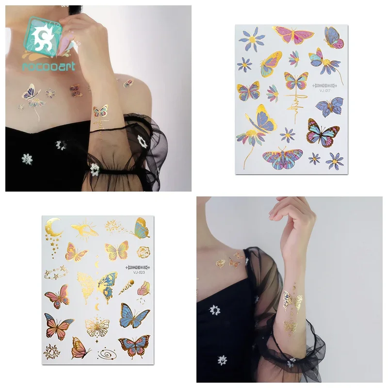 Rocooart Flash Metallic Waterproof Temporary Tattoo Gold Silver Tatoo Women Henna Butterfly Taty Design Tattoo Sticker