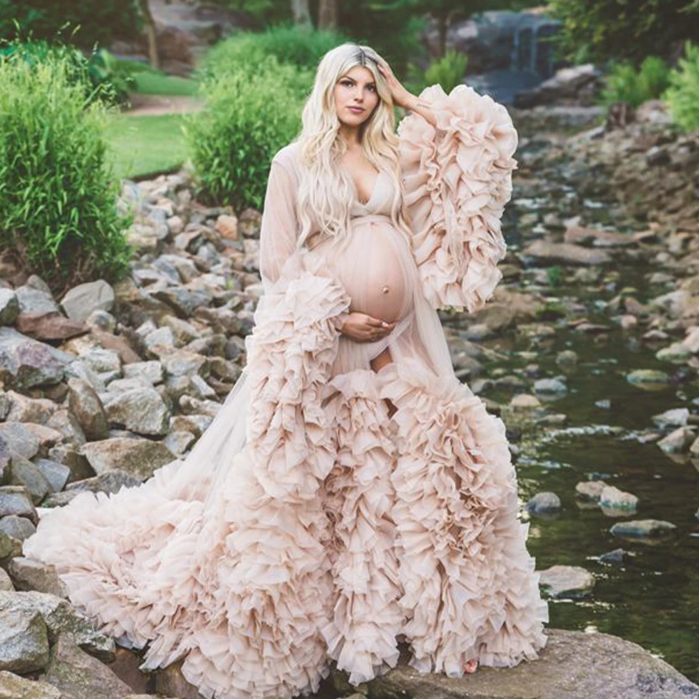 Maternity Prom Dresses for PhotoShoot Puffy Tulle Pregnant Women Long Robe Pajamas Front Split Bridal Boudoir Sleepwear Gown