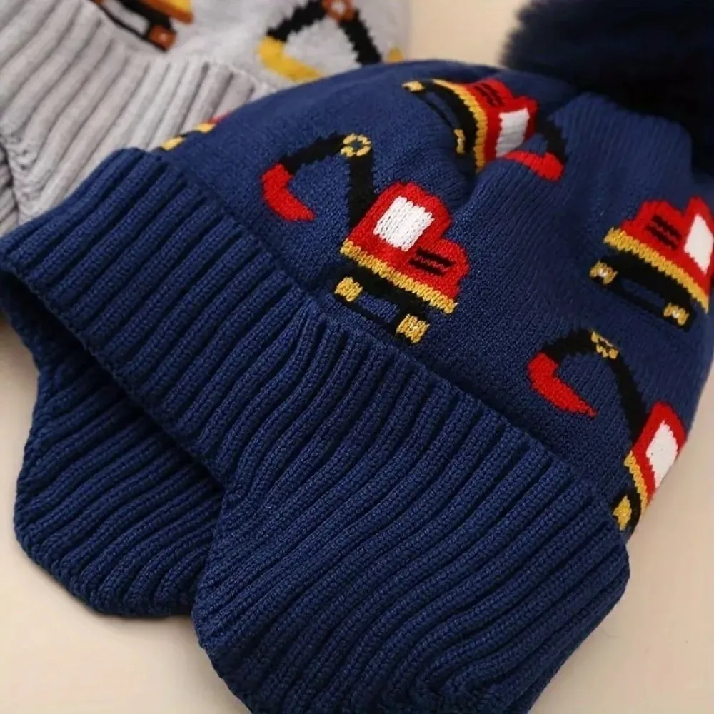 New Warm Fleece Lining Winter Hat Excavator Print Adjustable Ear Flaps Hat Ear Protection Knitted Beanie Winter