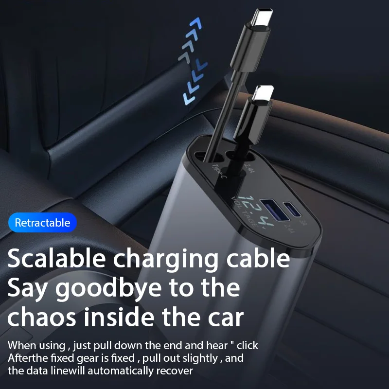 4 in 1 120W Car Charger Retractable Car Cigarette Lighter Adapter USB Type C Fast Charger Cable For IPhone Xiaomi Huawei Samsung