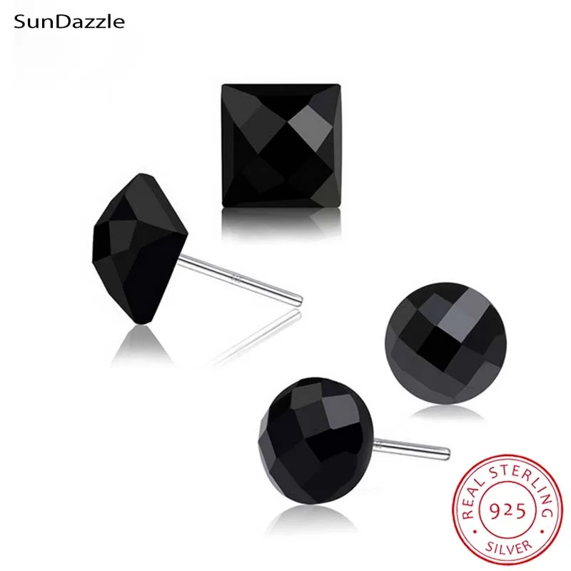 Genuine Real Pure Solid 925 Sterling Silver Stud Earrings for Women Black Agate Female Earrings