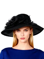 FS Black White Elegant Church Wedding Straw Hats For Women Ladies Flowers Large Brim Fedora Hat Sun Kentucky Party Derby Hat