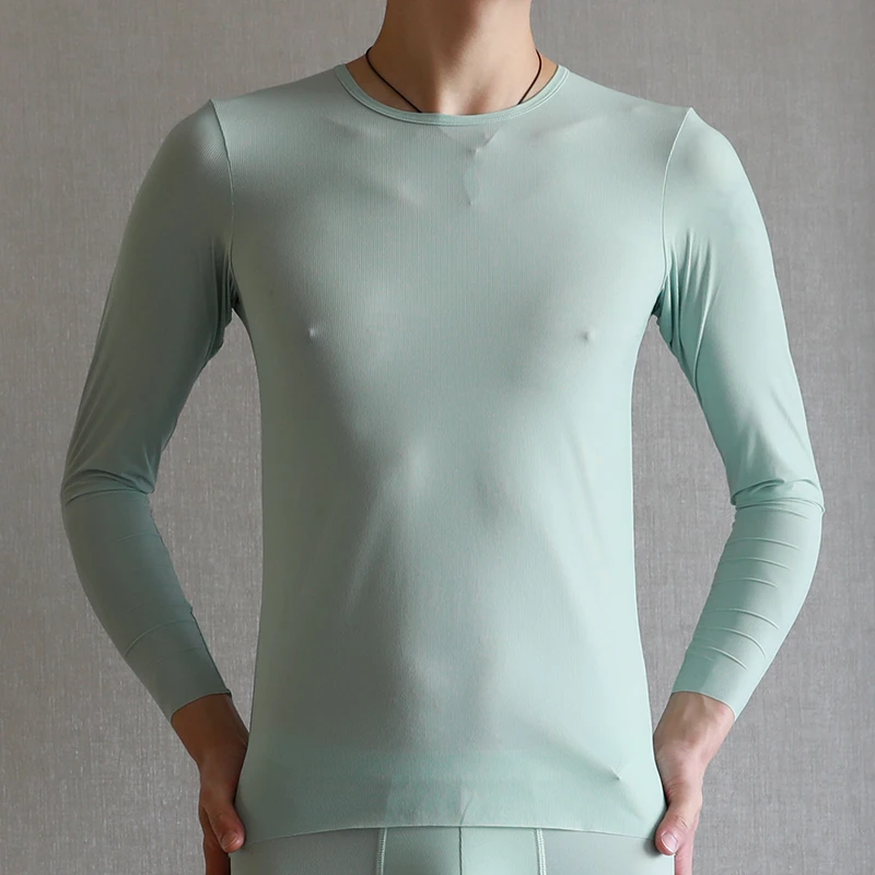 Men\'s Undershirt Thermal Underwear Tops Super Thin Men Ice Silk Underwear Sheer T Shirts Long Johns Male Long Sleeves Tops Tees