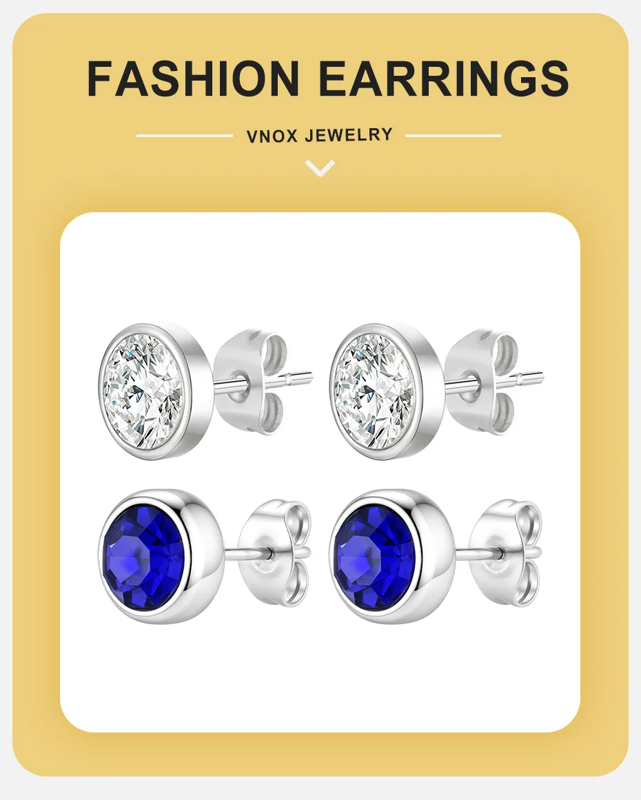 Vnox Herren-Ohrstecker mit rundem Zirkonia-Einsatz, 8 mm, aus Edelstahl, mit blauem, klarem Zirkonia, hypoallergener Piercingschmuck. – Detail 1
