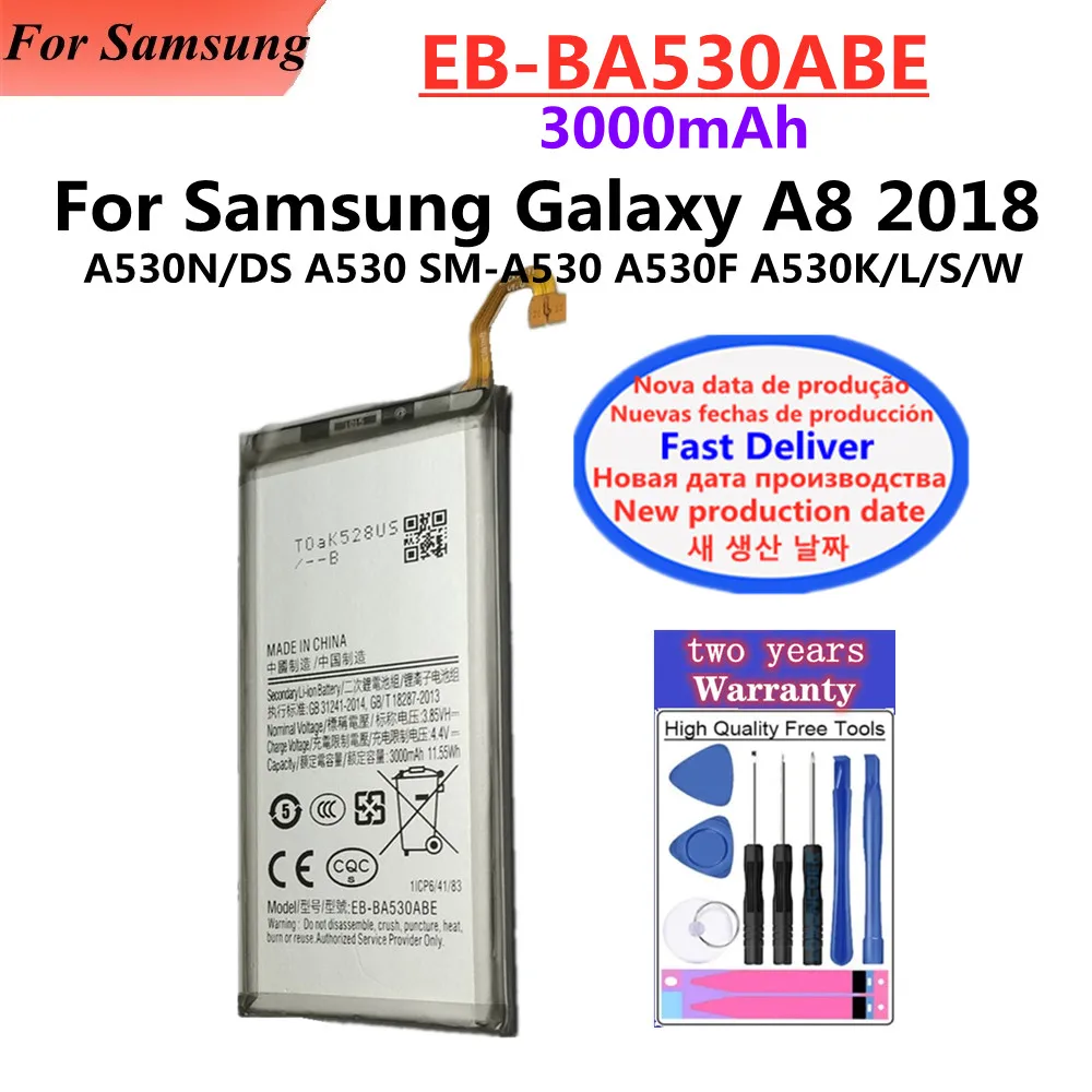 Высококачественный аккумулятор для Samsung Galaxy A8 2018 (A530) A530 SM-A530F, аккумуляторы для телефонов EB-BA530ABE, 3000 мАч